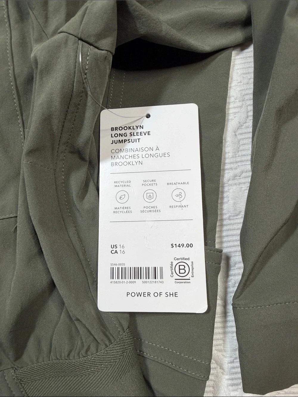 Athleta Brooklyn long sleeve jumpsuit. Size 16 deep green NWT.